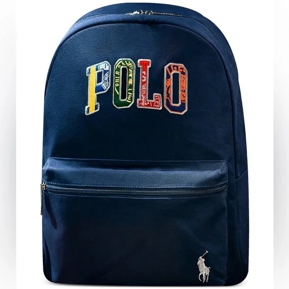 NEW Polo Ralph Lauren Unisex Backpack Multicolored Logo Patch Outer Zip Pocket - Picture 1 of 3